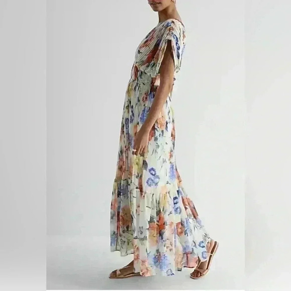 Express Floral Draped Sleeve Pleated Maxi Dress Size Large - Picture 2 of 14